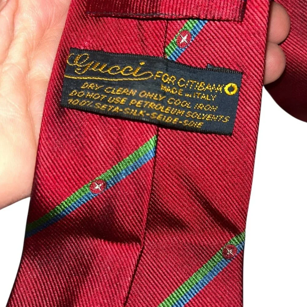 Gucci Italy red green blue cross stripe 100% silk Italian desginer mens tie